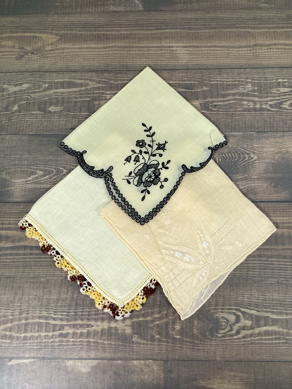 Lot 3 Vintage Lady’s Handkerchief Hankies Yellow Embroidered
